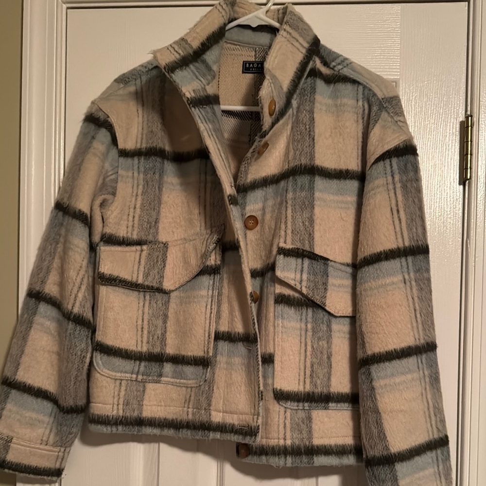 Women's Plaid Jacket - Beige and Blue